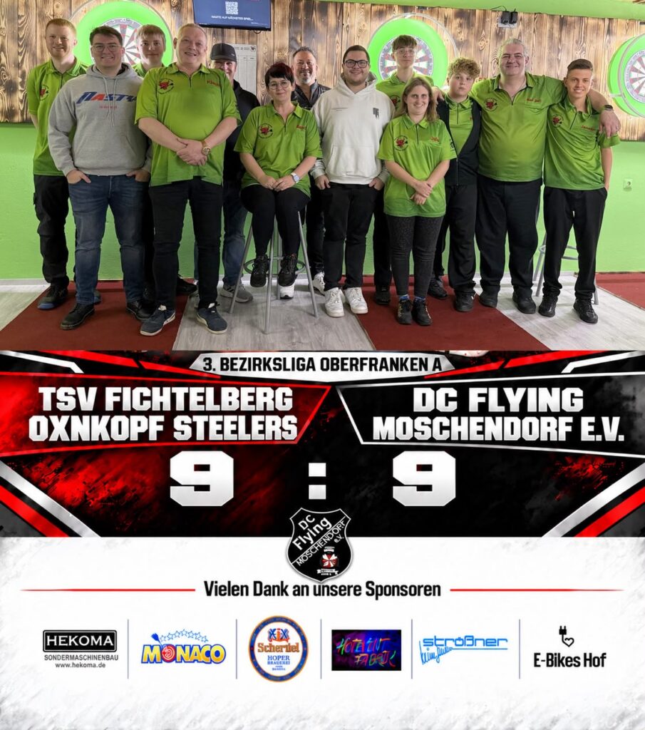 Mannschaftsfoto und Ergebnisgrafik: TSV Fichtelberg – Oxnkopf Steelers gegen DC Flying Moschendorf e.V., 9:9.