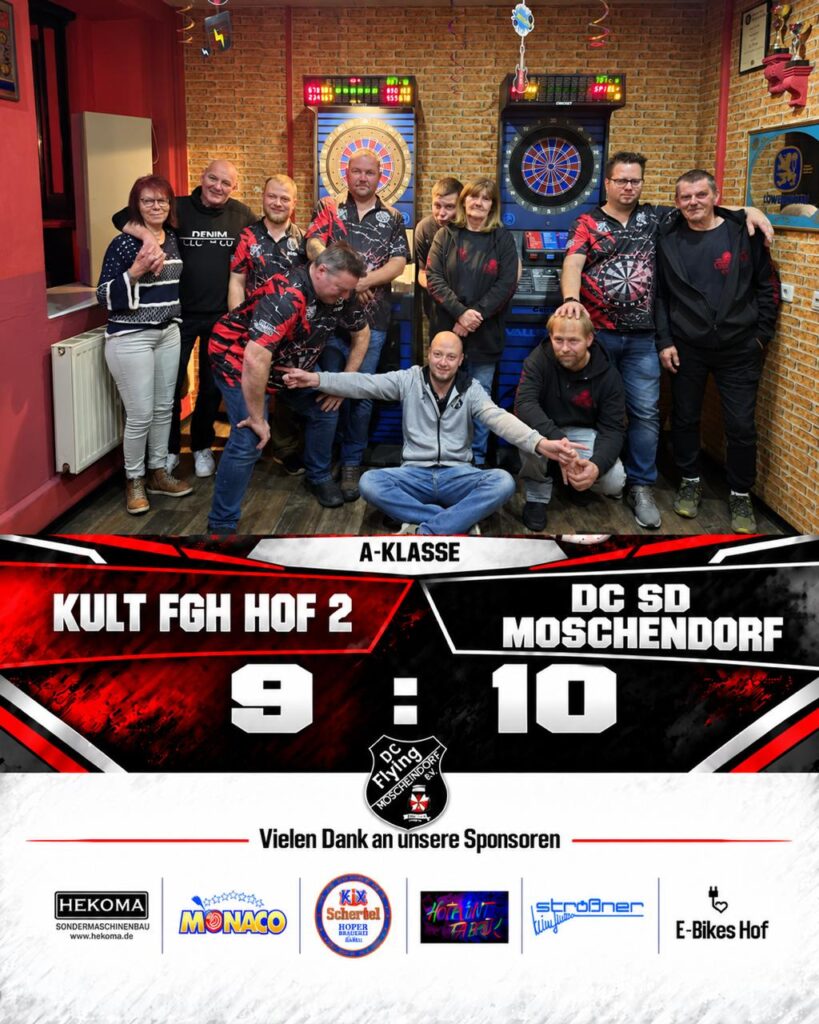 Mannschaftsfoto und Ergebnis: Kult Fgh Hof 2 gegen DC SD Moschendorf, 9:10.